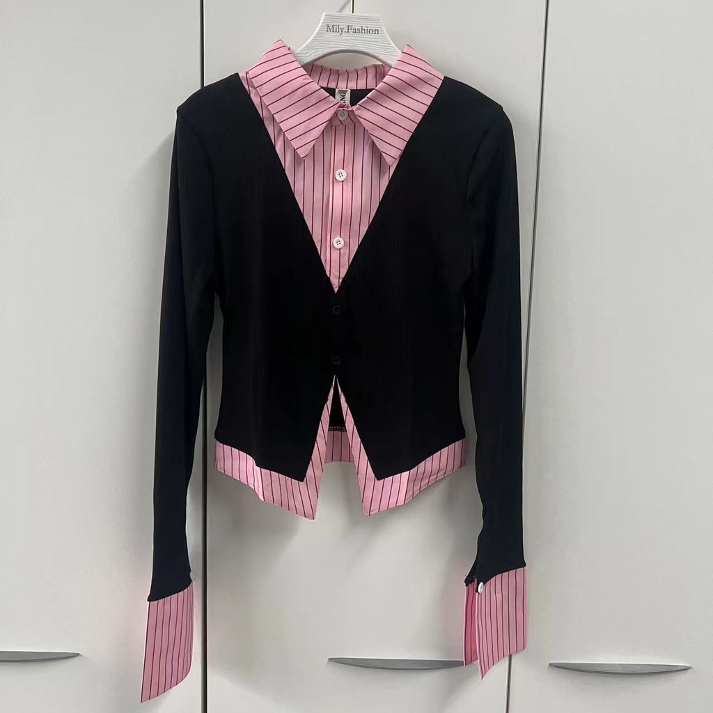 Milyfashion 2023 mùa xuân phong cách mới ngọt ngào phong cách cay ngọt ngào đường khâu không đều đặn áo sơ mi hai mảnh giả eo cao trông thon thả hơn
