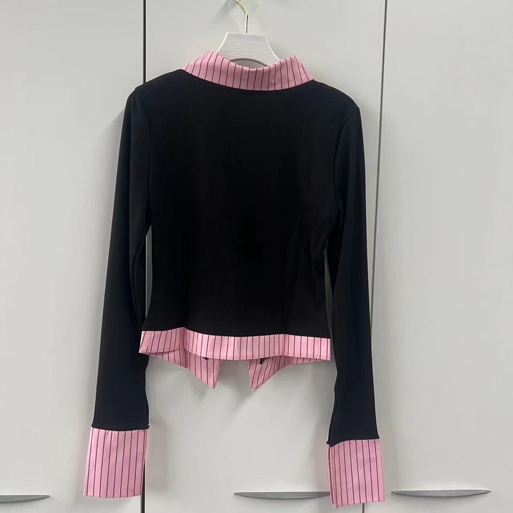 Milyfashion 2023 mùa xuân phong cách mới ngọt ngào phong cách cay ngọt ngào đường khâu không đều đặn áo sơ mi hai mảnh giả eo cao trông thon thả hơn