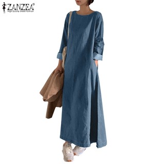 Đầm ZANZEA denim dài tay xẻ tà phong cách Hàn Quốc dành cho nữ