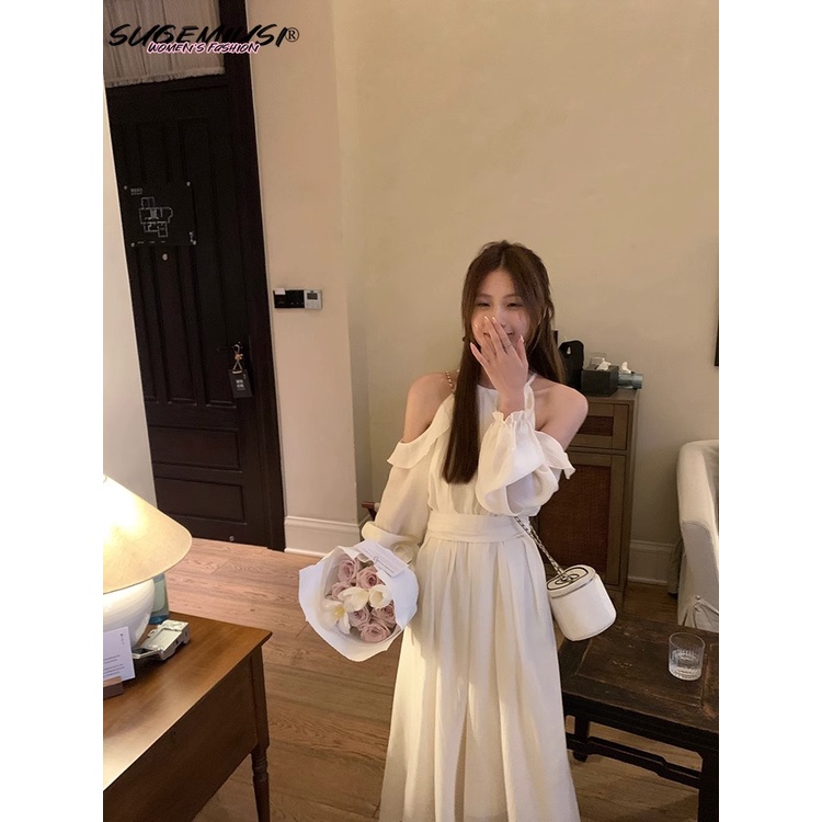 Đầm SUGEMIUSI dáng dài hở vai phối vải tencel nhẹ nhàng tay dài chiết eo thời trang xuân thu cho nữ