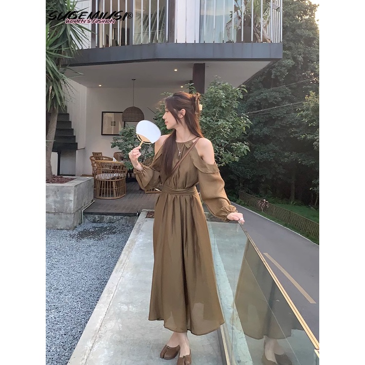 Đầm SUGEMIUSI dáng dài hở vai phối vải tencel nhẹ nhàng tay dài chiết eo thời trang xuân thu cho nữ