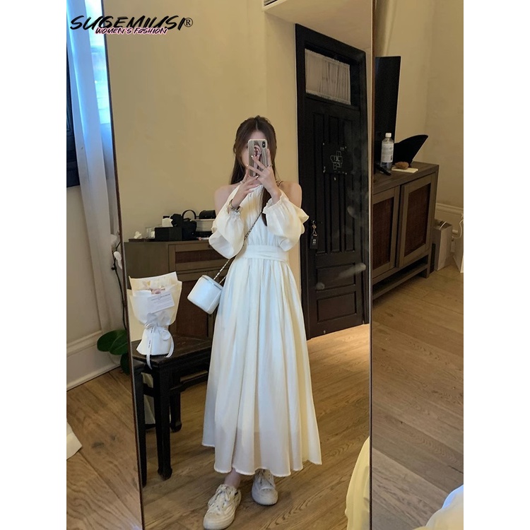 Đầm SUGEMIUSI dáng dài hở vai phối vải tencel nhẹ nhàng tay dài chiết eo thời trang xuân thu cho nữ