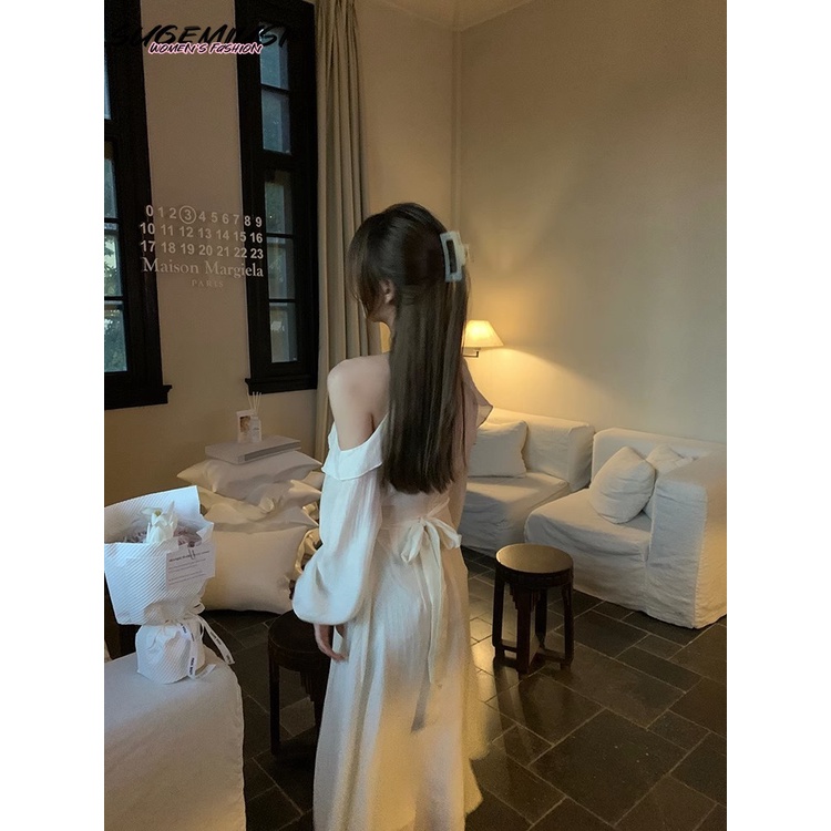 Đầm SUGEMIUSI dáng dài hở vai phối vải tencel nhẹ nhàng tay dài chiết eo thời trang xuân thu cho nữ
