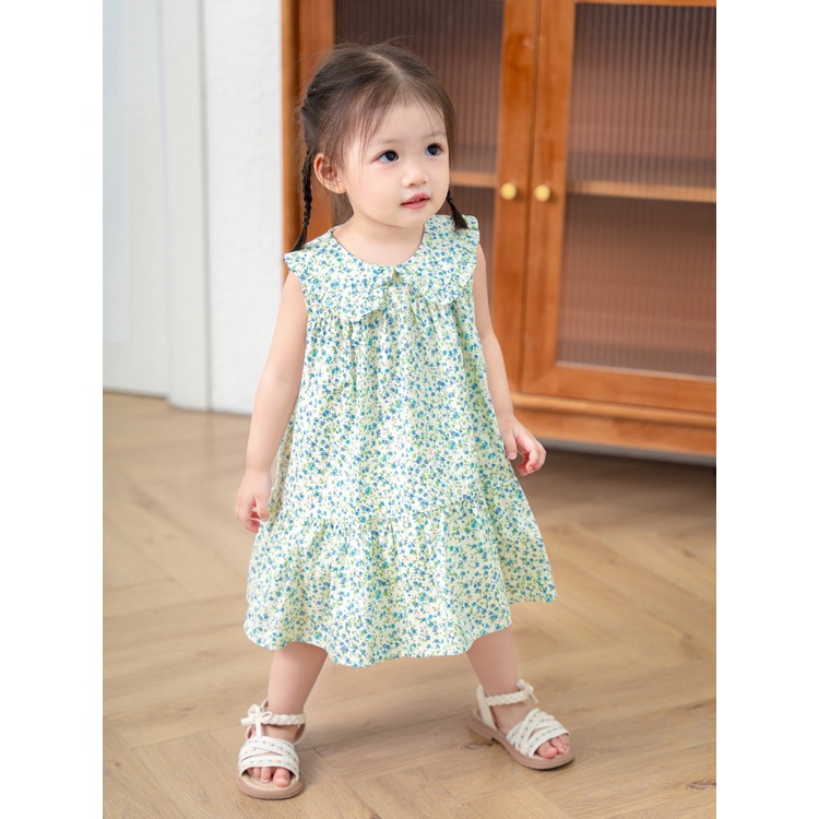 Váy Bé Gái CARROT Baby Doll, Họa Tiết Hoa Xanh, Chất Thô Cotton Thoáng Mát Thấm Hút Mồ Hôi Tốt