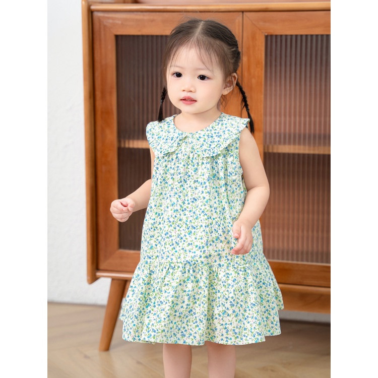 Váy Bé Gái CARROT Baby Doll, Họa Tiết Hoa Xanh, Chất Thô Cotton Thoáng Mát Thấm Hút Mồ Hôi Tốt