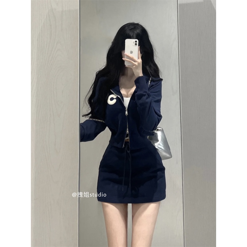 Set Áo Khoác Có Nón Và Chân Váy Lưng Cao Phong Cách retro Cho Nữ