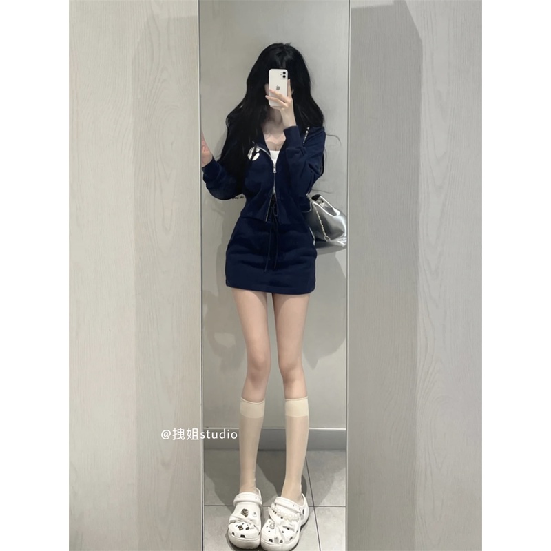 Set Áo Khoác Có Nón Và Chân Váy Lưng Cao Phong Cách retro Cho Nữ