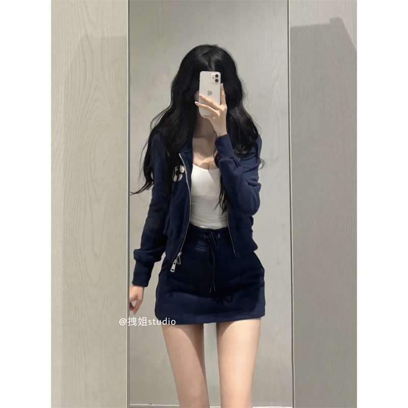 Set Áo Khoác Có Nón Và Chân Váy Lưng Cao Phong Cách retro Cho Nữ