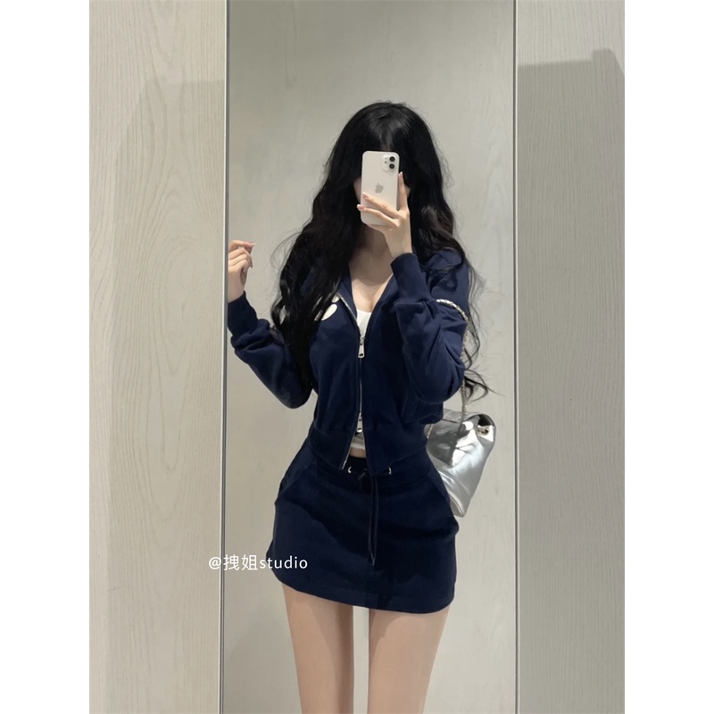 Set Áo Khoác Có Nón Và Chân Váy Lưng Cao Phong Cách retro Cho Nữ