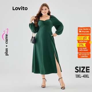 Đầm Lovito xếp nếp xẻ tà màu trơn thanh lịch tôn dáng size lớn cho nữ LPS09070 (Xanh lá đậm)