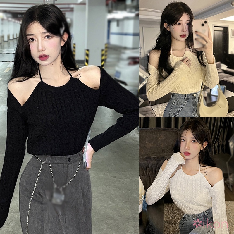 Áo sweater Dệt Kim Tay Dài Hở Vai Họa Tiết Hình Học Màu Sắc Trơn Phong Cách Hàn Quốc Cho Nữ