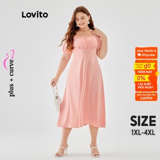 Đầm Lovito tay phồng may dún xếp nếp màu trơn thường ngày tôn dáng size lớn cho nữ LPS09064 (Màu hồng/ đen)