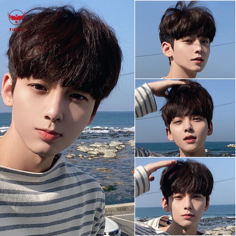 Tóc Giả Ngắn Mái Ngang Màu Nâu Đậm Cách Nhiệt Phong Cách Hàn Quốc Cho Nam