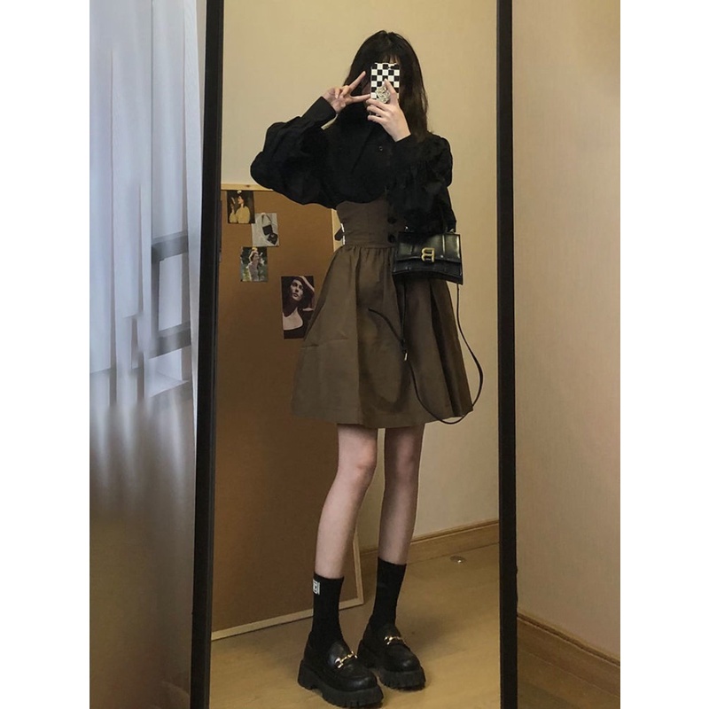 Set Áo Sơ Mi Tay Phồng Và Chân Váy Màu Đen Thời Trang Cho Nữ