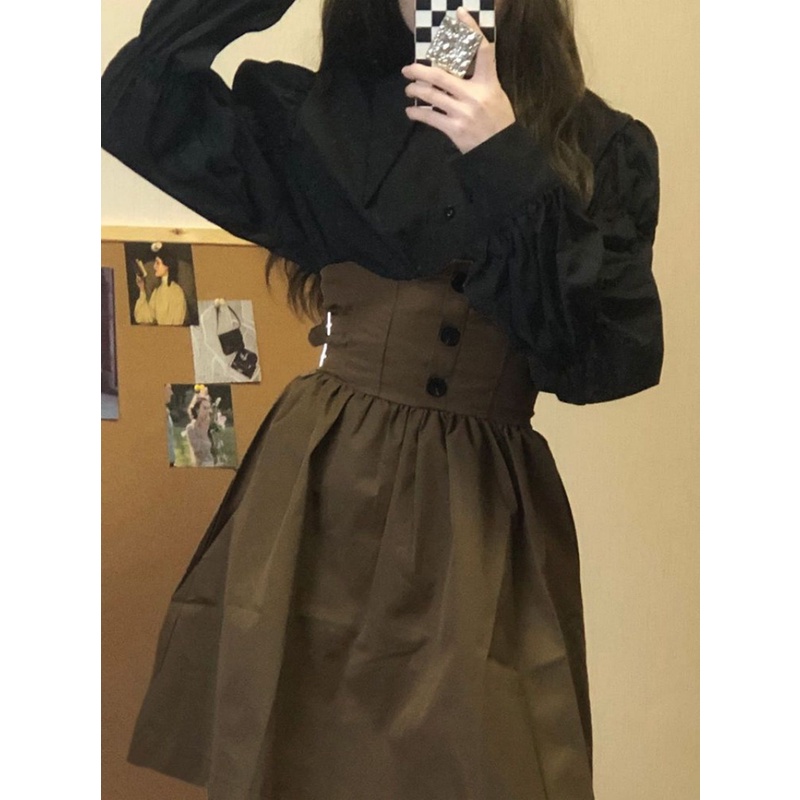 Set Áo Sơ Mi Tay Phồng Và Chân Váy Màu Đen Thời Trang Cho Nữ