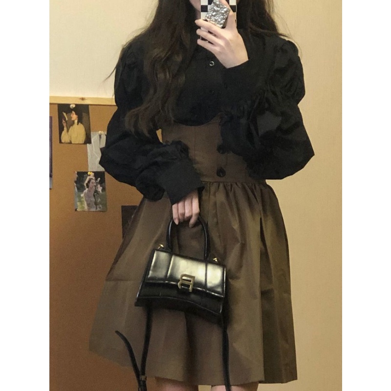 Set Áo Sơ Mi Tay Phồng Và Chân Váy Màu Đen Thời Trang Cho Nữ