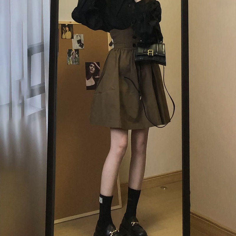 Set Áo Sơ Mi Tay Phồng Và Chân Váy Màu Đen Thời Trang Cho Nữ