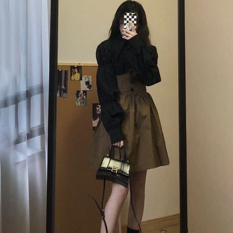 Set Áo Sơ Mi Tay Phồng Và Chân Váy Màu Đen Thời Trang Cho Nữ