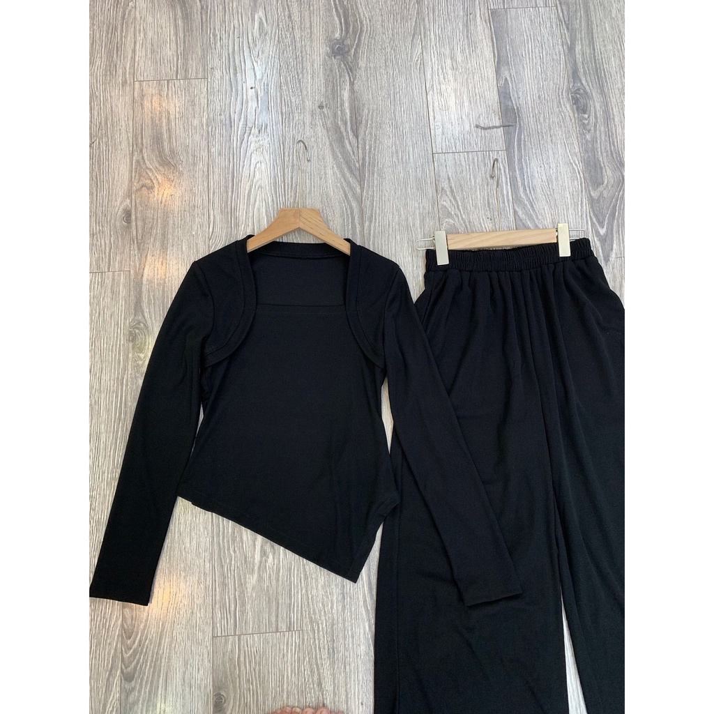 Set áo thun tăm cổ vuông dài tay kèm quần culottes S591 SUSSTORE