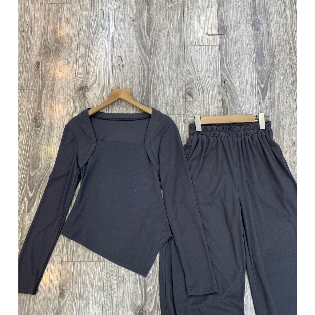 Set áo thun tăm cổ vuông dài tay kèm quần culottes S591 SUSSTORE