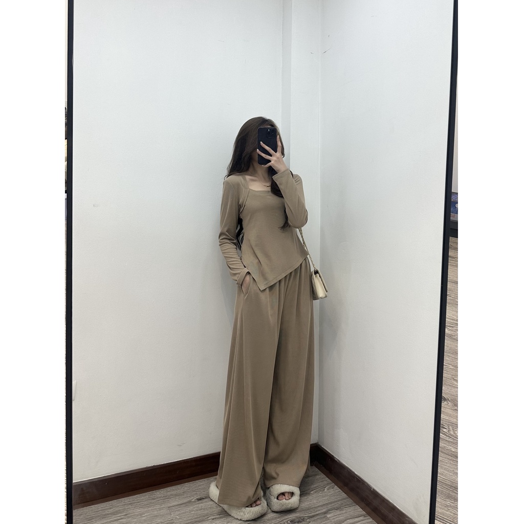 Set áo thun tăm cổ vuông dài tay kèm quần culottes S591 SUSSTORE