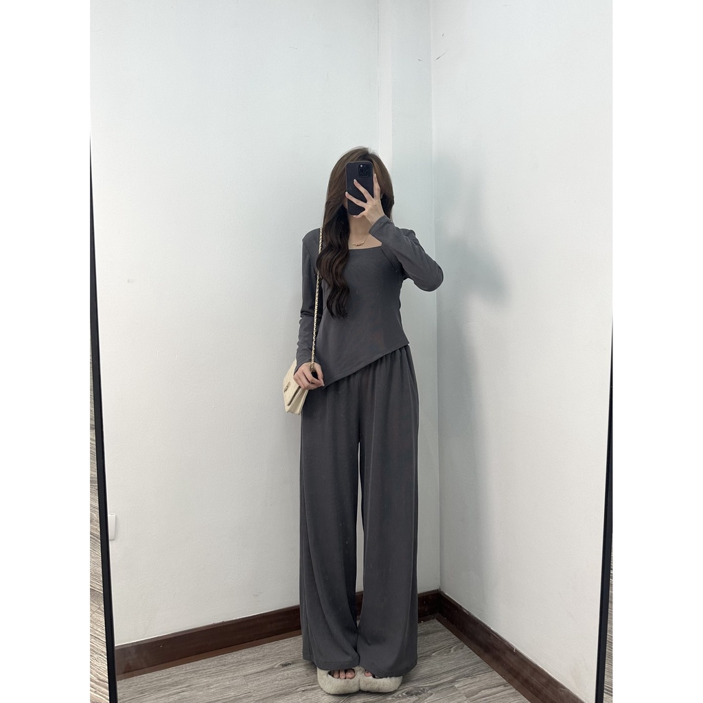 Set áo thun tăm cổ vuông dài tay kèm quần culottes S591 SUSSTORE