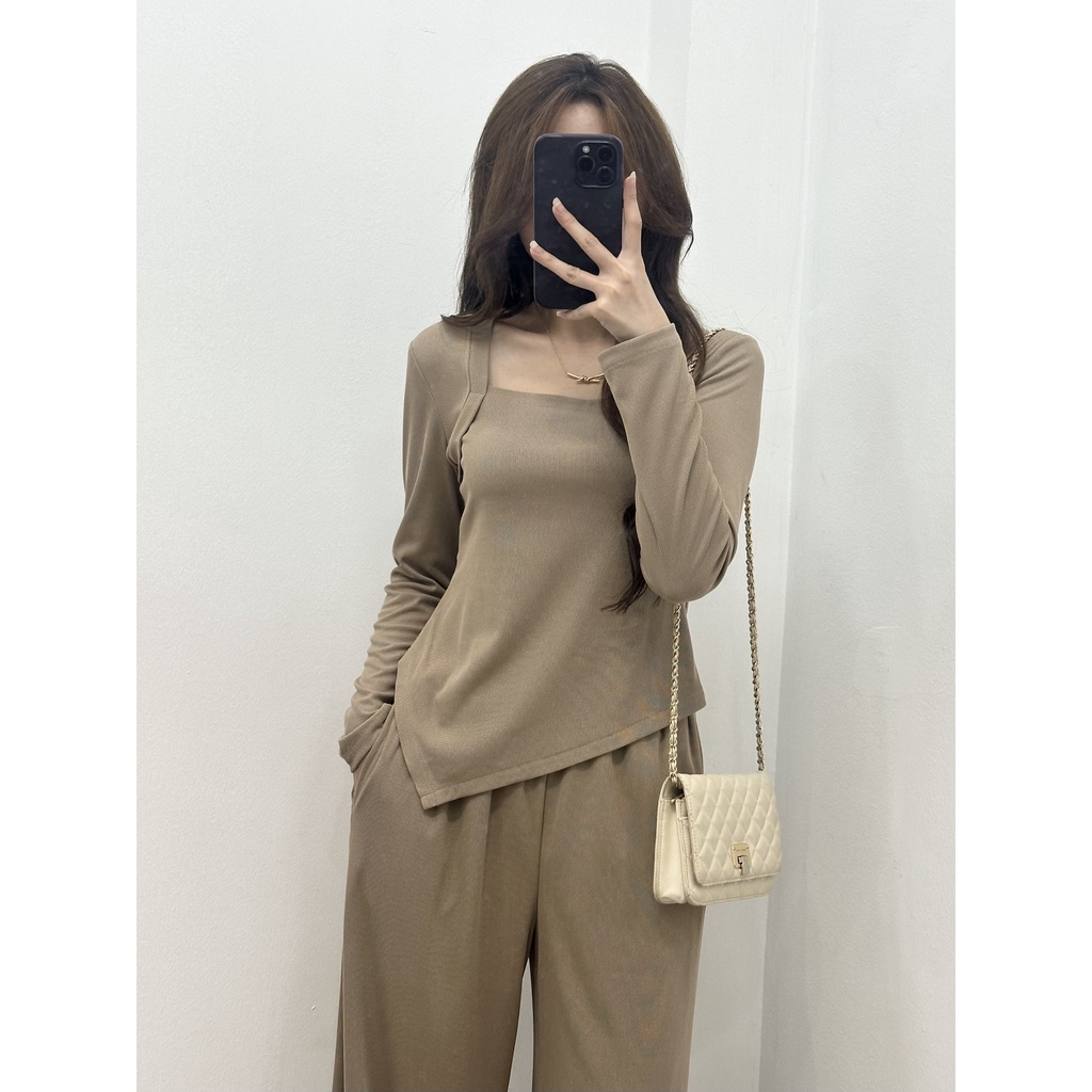 Set áo thun tăm cổ vuông dài tay kèm quần culottes S591 SUSSTORE