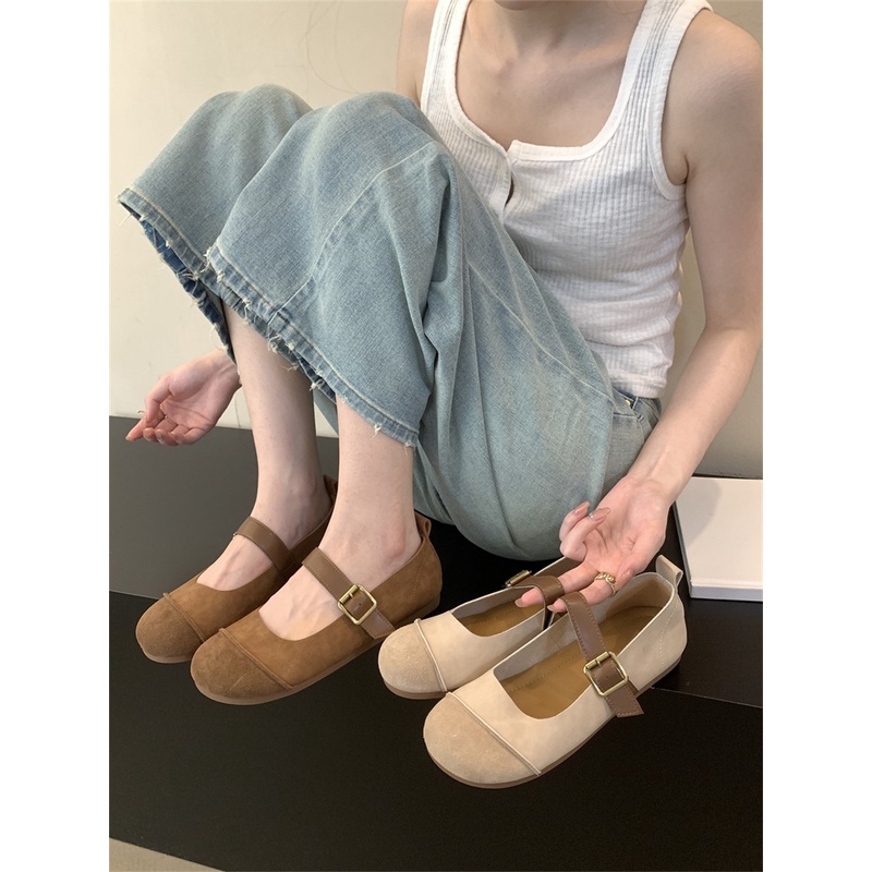 Giày Búp Bê Đế Mềm Phối Nút Phong Cách vintage Pháp