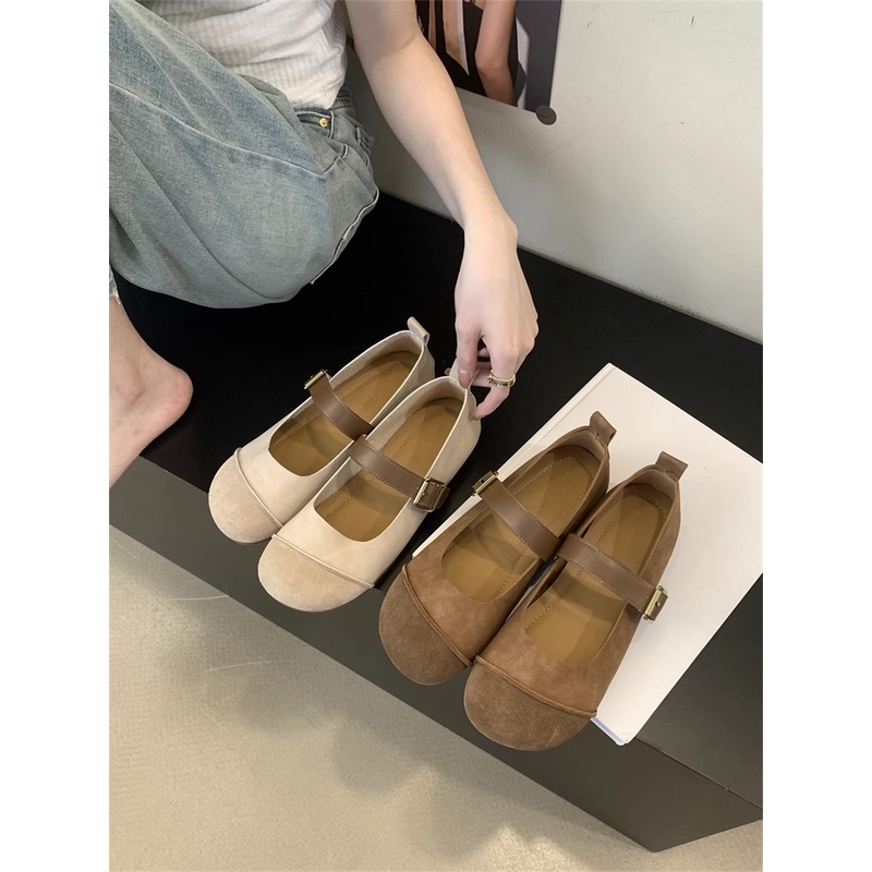 Giày Búp Bê Đế Mềm Phối Nút Phong Cách vintage Pháp