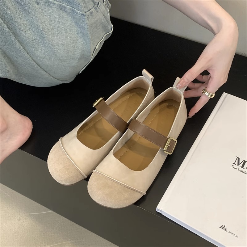 Giày Búp Bê Đế Mềm Phối Nút Phong Cách vintage Pháp