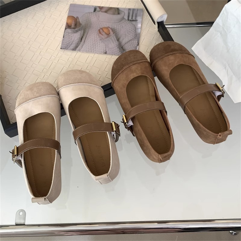 Giày Búp Bê Đế Mềm Phối Nút Phong Cách vintage Pháp