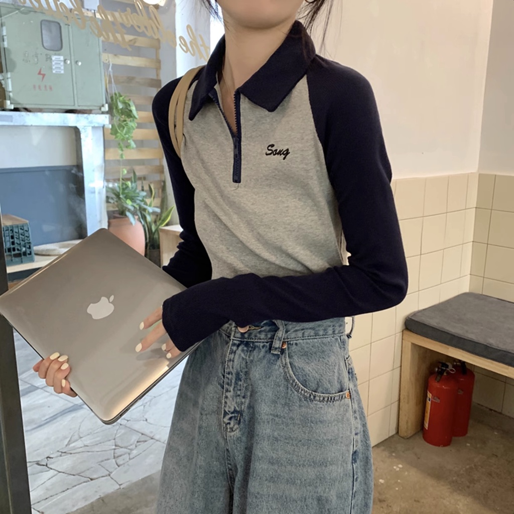 Áo polo Tay Dài Dáng Ôm Phong Cách vintage Dành Cho Nữ