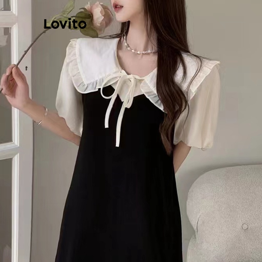 Đầm Lovito có cổ tay phồng khâu vải diềm xếp nếp màu trơn thường ngày cho nữ LNE20004 (màu đen)