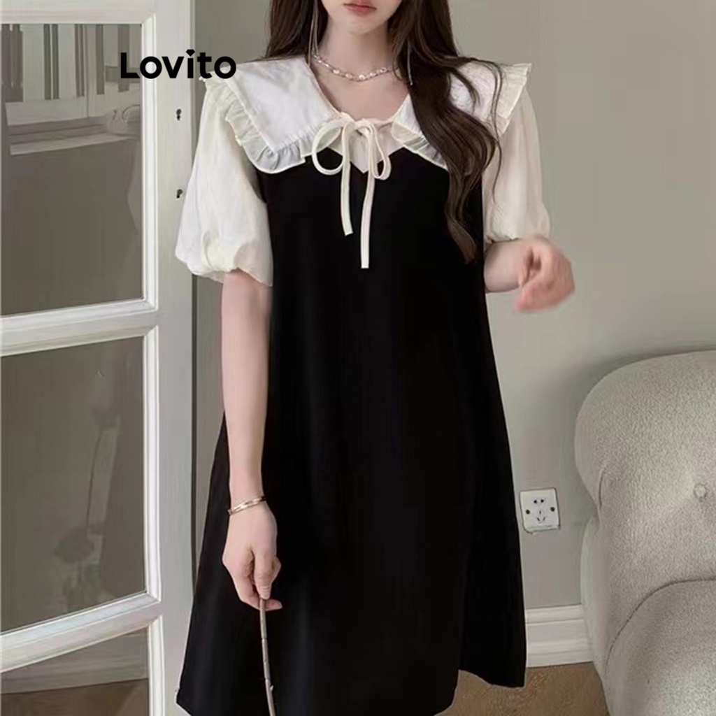 Đầm Lovito có cổ tay phồng khâu vải diềm xếp nếp màu trơn thường ngày cho nữ LNE20004 (màu đen)
