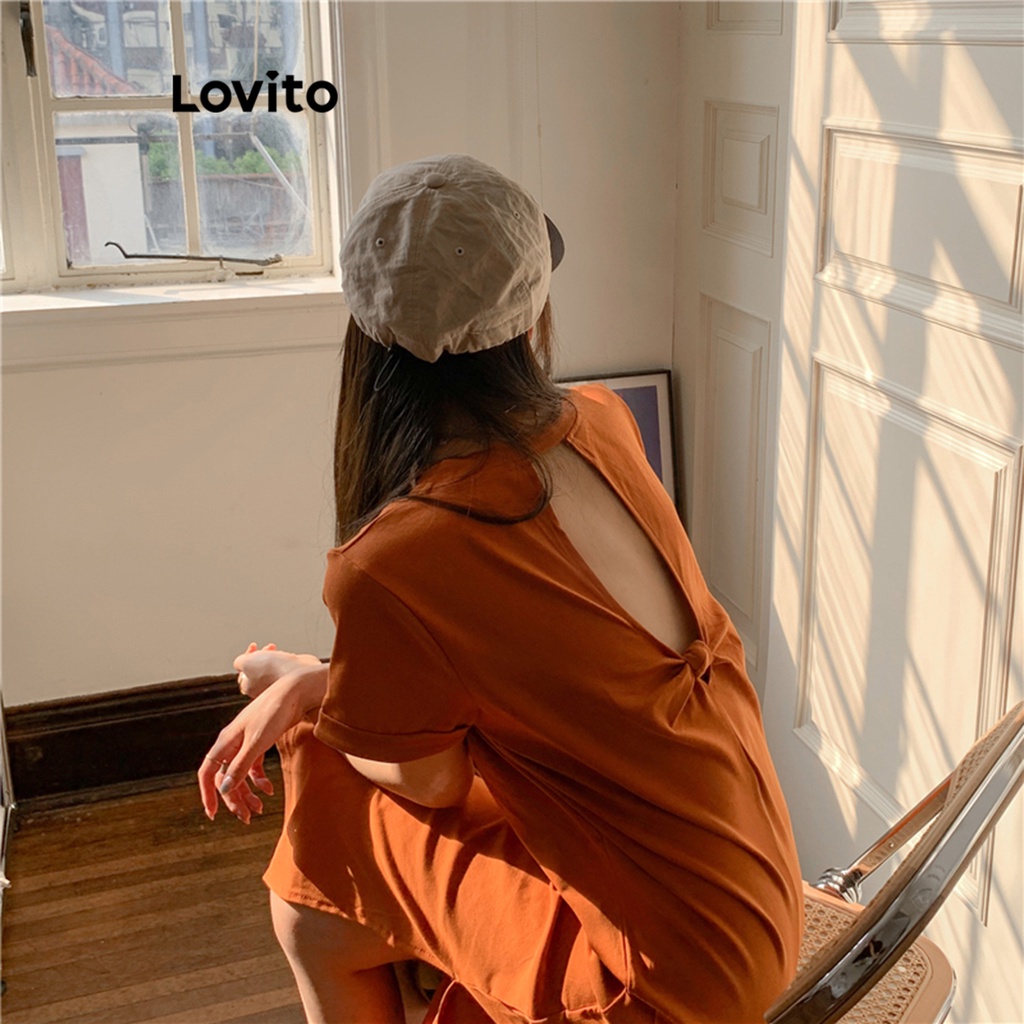 Đầm Lovito hở lưng thắt nút màu trơn thường ngày cho nữ LNA20117 (Màu cam/ đen)
