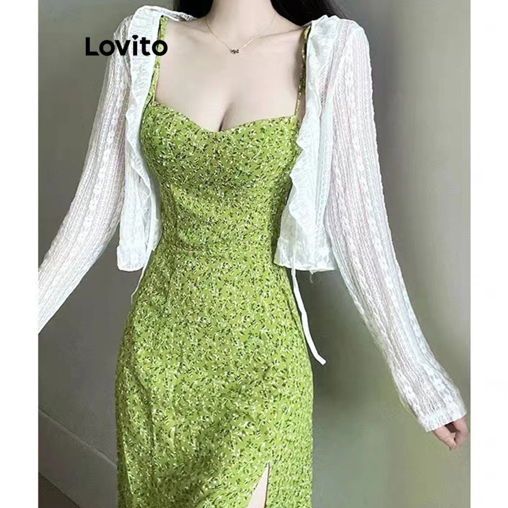 Đầm Lovito xẻ tà trước chỉ nổi họa tiết hoa nhí thường ngày cho nữ LNE20019 (màu xanh lá nhạt)
