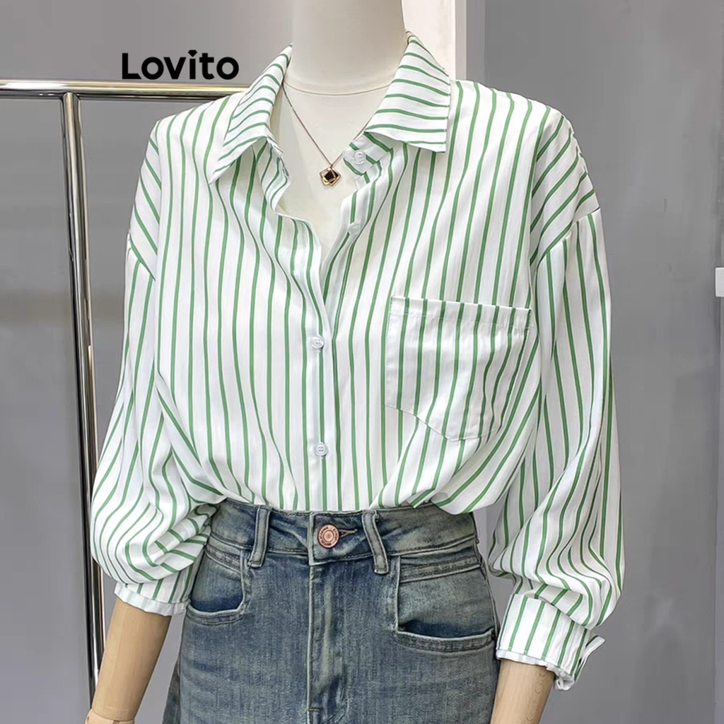 Áo kiểu Lovito cài nút trước kẻ sọc thường ngày cho nữ LNE20170 (Màu xanh lá)