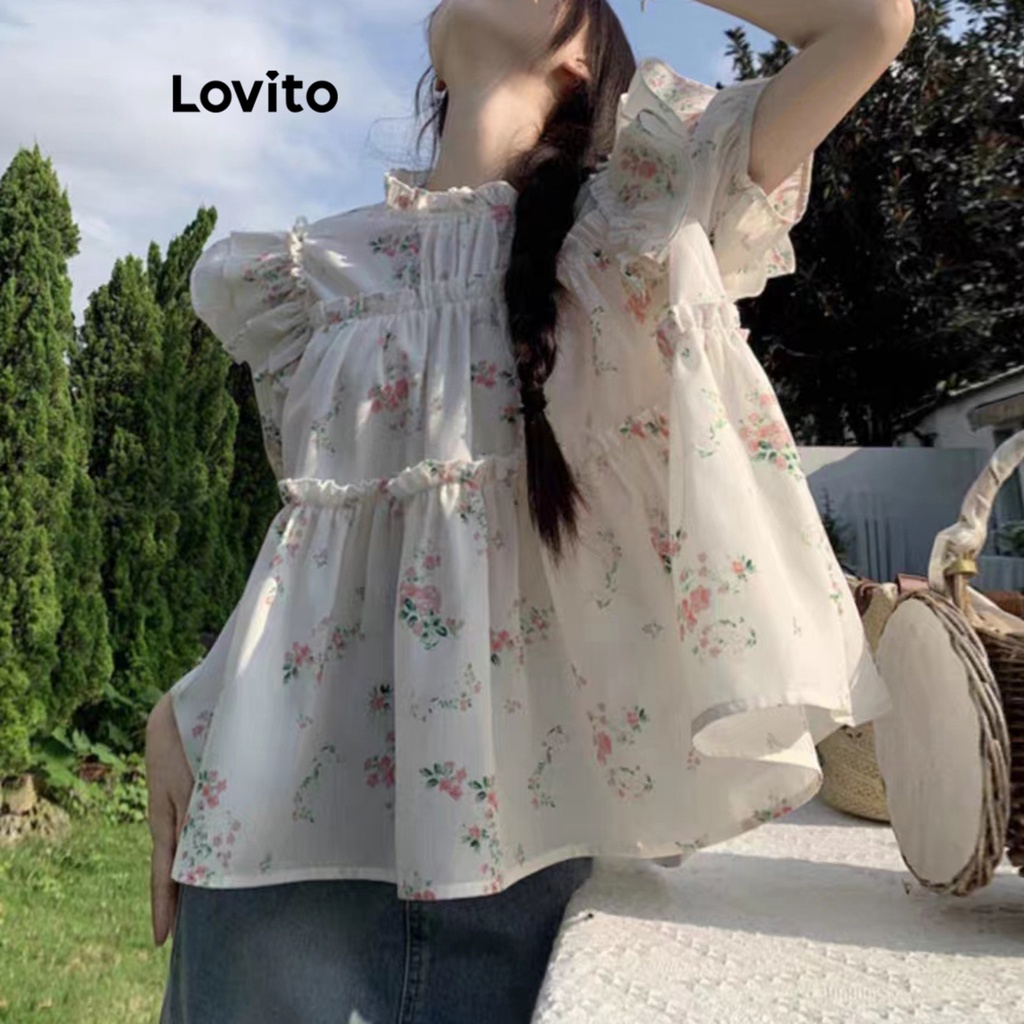 Áo kiểu Lovito xếp nếp hoa nhí thường ngày cho nữ LNE20173