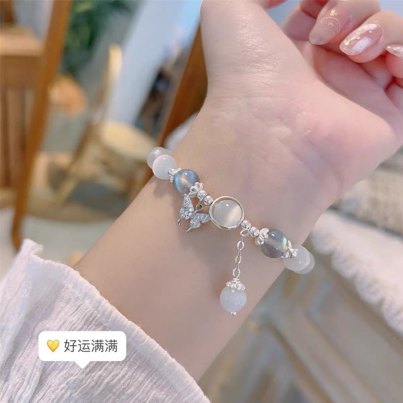 Vòng Tay Cặp Đôi Đính Đá opal Hình Bướm Màu Xám Ánh Trăng