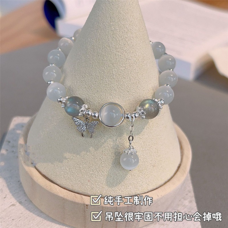 Vòng Tay Cặp Đôi Đính Đá opal Hình Bướm Màu Xám Ánh Trăng