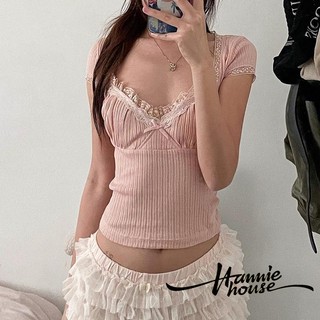 Áo kiểu tay ngắn phối ren màu hồng nữ tính