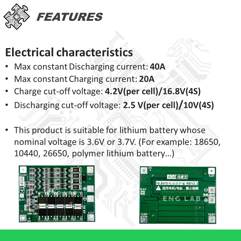 ENGLAB★Bảng Mạch Sạc Pin lithium BMS 4S 40a / 20a 18650 / 10440 / 26650 14.8v / 16.8v Sự Bảo Vệ
