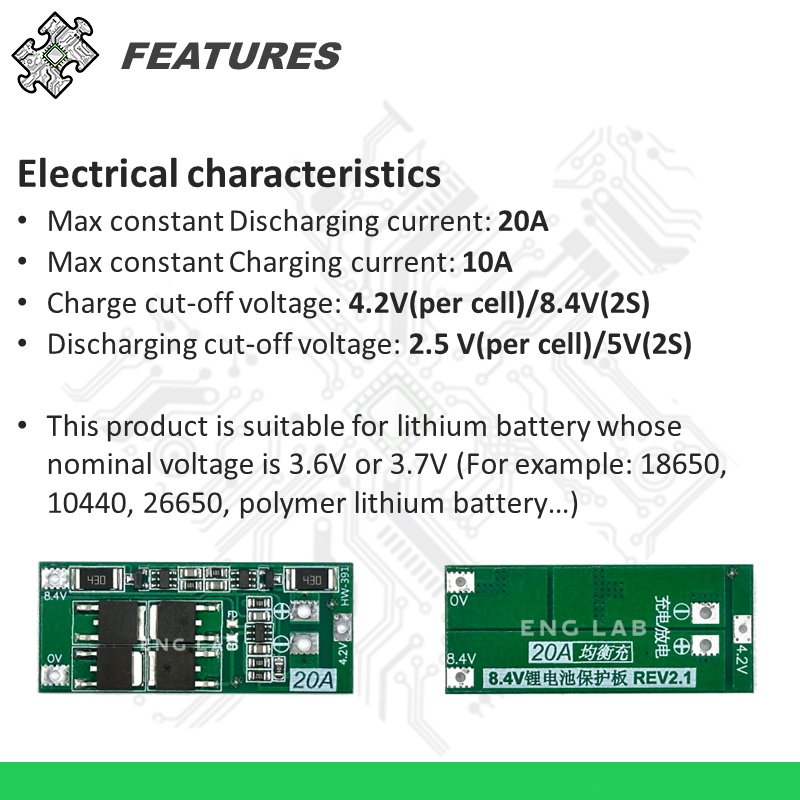 ENGLAB★Bảng Mạch Sạc Pin lithium BMS 2S 20a / 10a 18650 / 10440 / 26650 7.2v / 8.4v Sự Bảo Vệ