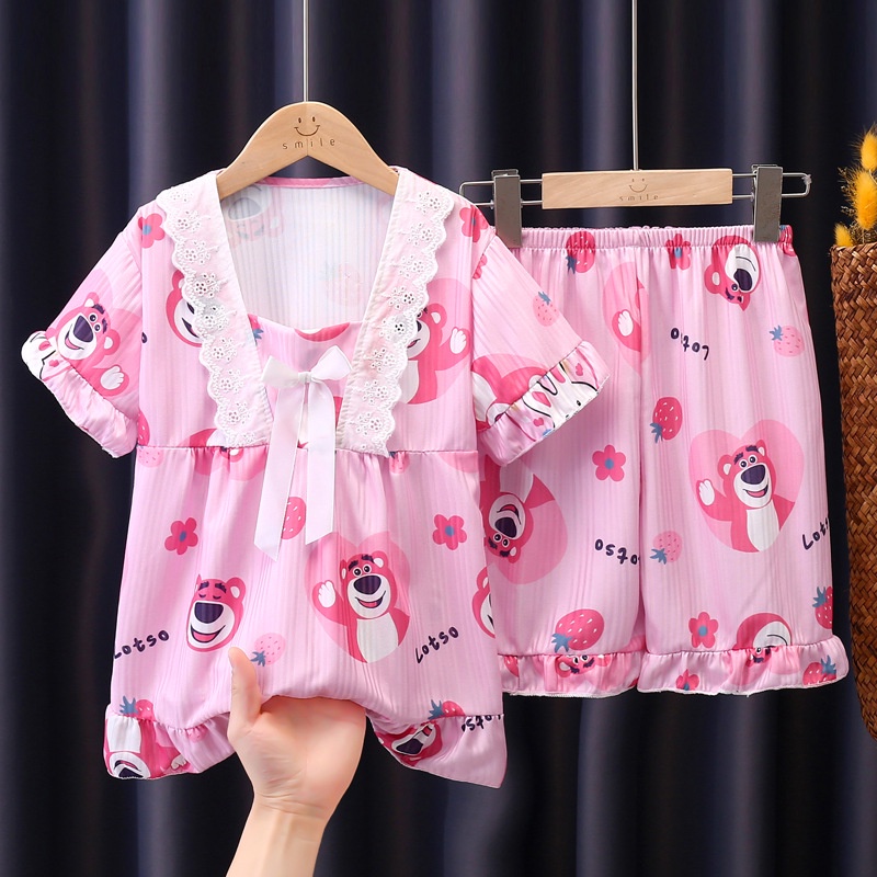 Gấu Dâu  Bộ Đồ Ngủ Ngắn Tay Họa Tiết Hoạt Hình Thời Trang Mùa Hè Cho Bé Gái