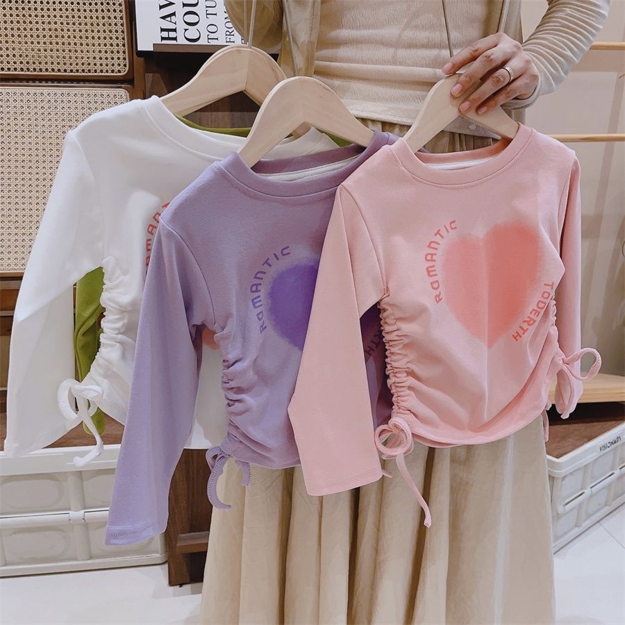 Áo Thun Tay Dài Mùa Thu 2023 Có Dây Rút In Họa Tiết Trái Tim Phong Cách Công Chúa Mới Cho Bé Gái