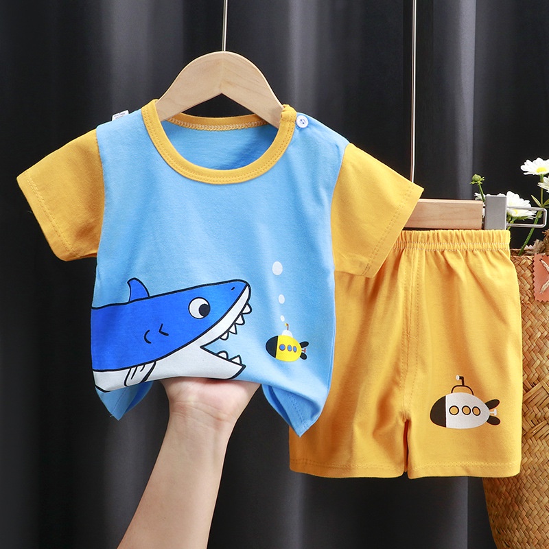 Bộ Áo Thun cotton Ngắn Tay + Quần short In Họa Tiết Hoạt Hình Phong Cách Hàn Quốc Thời Trang Cho Bé 60-130cm