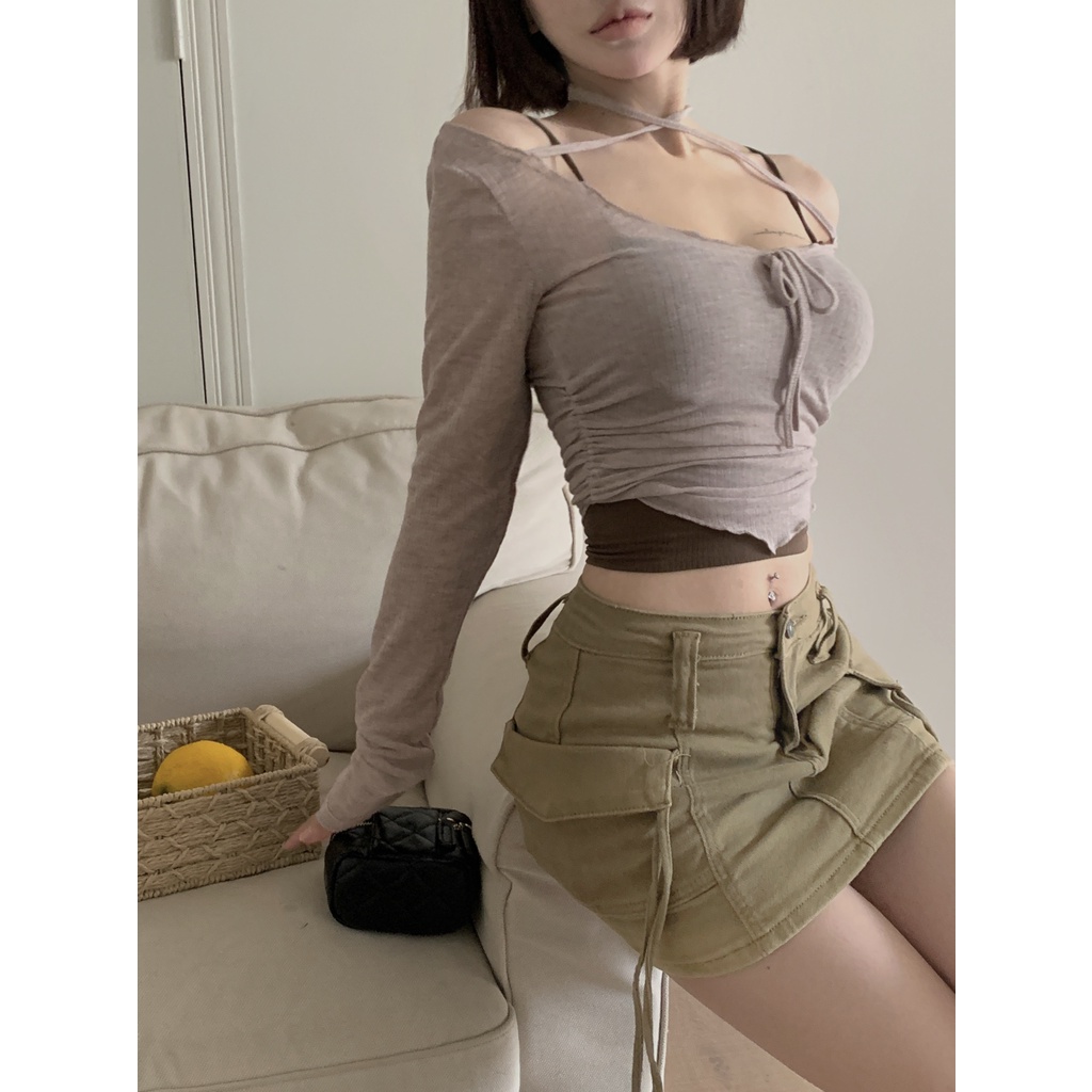 「Nonfatgirl」Set Áo Thun Lửng Tay Dài + Áo Hai Dây Chống Nắng Màu Cà Phê Sữa + Áo Thun Croptop Ôm Dáng Thời Trang Cho Nữ