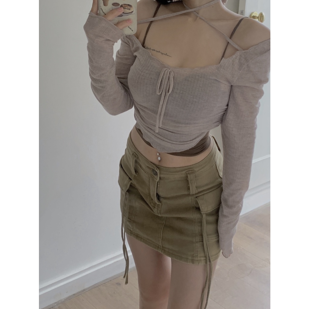 「Nonfatgirl」Set Áo Thun Lửng Tay Dài + Áo Hai Dây Chống Nắng Màu Cà Phê Sữa + Áo Thun Croptop Ôm Dáng Thời Trang Cho Nữ