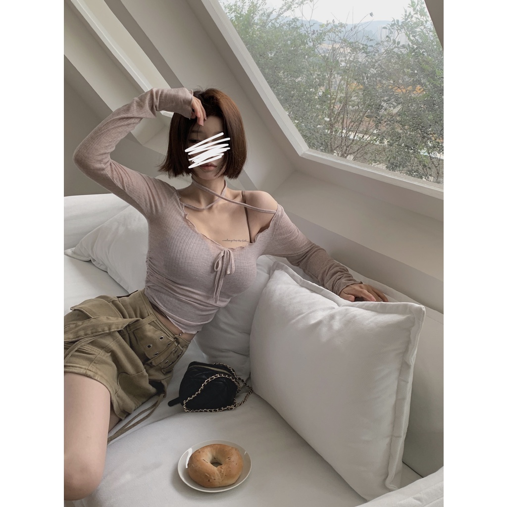 「Nonfatgirl」Set Áo Thun Lửng Tay Dài + Áo Hai Dây Chống Nắng Màu Cà Phê Sữa + Áo Thun Croptop Ôm Dáng Thời Trang Cho Nữ