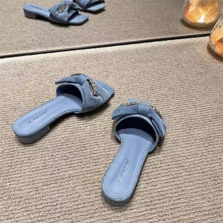 Giày Xăng Đan Đế Bằng Đính Nơ Thời Trang Cho Nữ